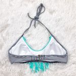 Victoria's Secret Victoria’s Secret Swim Turquoise Fringe Black White Striped Bikini Top Small Photo 1