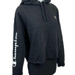 Champion Womens Black Cropped Distressed Long Sleeve Hooded Sweatshirt Sweater L Photo 1