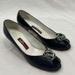 Jack Rogers Vtg  80’s Navy Blue Leather Peep Toe Heels With Rosette Size 8 S Photo 0