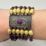 Vintage Purple Yellow Wood & Glass Beaded Stretch Bracelet Silver Tone Metal Photo 4