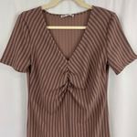 ZARA New  Ruffled Ruched Dress V-Neck Short Sleeve Midi Brown Stripe Photo 5
