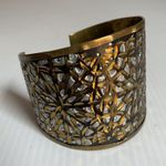 Vintage Brass Cuff Bracelet Gold & Silver Inlay Floral Mosaic Pattern Artisan Photo 2