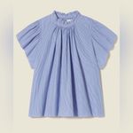 Trovata Small Carla Highneck Shirt in Blue White Stripe Flutter Sleeve Preppy Photo 10