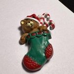 Hallmark 1985 Cards Brown Bear In Stocking Candy Cane Christmas Brooch Pin Photo 0