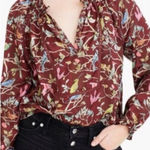 J. Crew Point Sur Ruffle Neck Popover Top Blouse Menagerie Bird Print Small Brown Photo 0