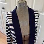 White House | Black Market  Navy and White Open Front Knit long Cardigan Sweater Photo 2