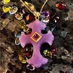 14K Gold Lavender Jade & Amethyst Cross Pendant Necklace Photo 15