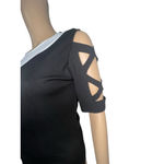 Unbranded Black And White Ribbon Sleeve Ribbed Short Sleeve T Photo 2