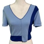 Boutique Blue Ribbed Colorblock Inside Out Cropped Top NWOT Size L Photo 0