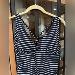 Garnet Hill  one piece swimsuit navy stripes ruched slimming criss cross vneck Photo 2