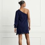 Hill House  The Mila Dress Linen Navy Blue Eyelet Mini One Shoulder Small NWT Photo 1