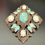 Vintage SARAH COVENTRY Faux Turquoise Pearl Cabochon Remembrance Brooch 28.5g. Silver Photo 3