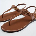 ZARA  FLAT LEATHER SANDAL WITH BUCKLE BROWN WOMENS SIZE 38‎ US SIZE 7 Photo 0