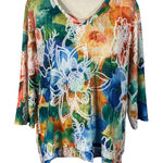 Alfred Dunner  X-Large Top Floral 3/4 Sleeve Stretch V-Neck Shark-Bite Hem Multi Photo 0