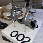 Versace  Pin-Point Gray Leather Pumps Mixed Metal Stiletto Heels Buckle Straps Photo 9