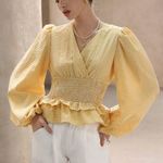 SheIn Yellow Gingham Puff Sleeve Blouse Photo 0