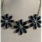 None Vtg 3 Flower Choker Necklace Black Plastic Petals Rhinestone Gold Tone Photo 1