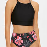 Womens Bikini Set Size S Black Floral High‎ Waist Sporty Tropical Summer Coastal Photo 0