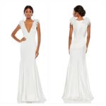 Mac Duggal  BRAND NEW #68137 Satin Feather Shoulder V-Neck Gown in White Size 4 Photo 1