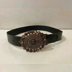 Vintage Boho Genuine Leather Women’s Belt with Round Ornate‎ Buckle Size 30”/32” Gold Photo 1