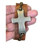 Lenny & Eva Leather Cross Bracelet Faith Over Fear Religious Silver Tone Boho Brown Photo 5