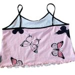 Retro Coquette Boho Whimsical Pink Blue Black Butterfly Lettuce Hem Crop Top Size L Photo 1