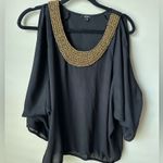 XOXO Women’s Black Cold Shoulder Gold Beaded Top Size Large Blouse Photo 0
