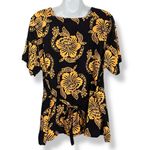 Tropical Blouse Square Neckline Floral Short Sleeves Tie Back Women Black Size L Photo 1