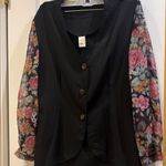 ETAM BRAND VINTAGE BLACK BLOUSE WITH SHEER FLORAL SLEEVES SIZE SMALL/MEDIUM Photo 0