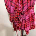 Free People  Pacific Dawn Red Pink Plaid Shirred Shirt Top. Size Medium. Photo 11