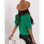 NEW Green Puff Short Sleeve Sweater Tops Trendy Knit Crew Neck Casual M Size M Photo 1