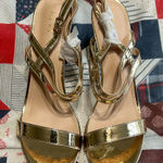 Gold Strappy Block Heel‎ Sandals Size 9.5 Photo 0