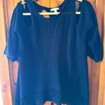 LC Lauren Conrad Lauren Conrad Navy Blue Knit Short Sleeve Sweater Scalloped and Eyelet Pattern Photo 0