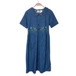 Vtg Womens 90s Denim Midi Dress Embroidered Peter Pan Collar Button Sz M Cottage Blue Size M Photo 1
