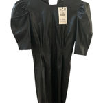 ZARA  Black Faux Leather Puff‎ Sleeve Midi Dress Photo 0