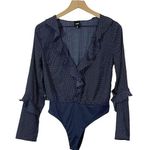 NUDE Polka Dot Ruffle Long Sleeve Thong Bodysuit Photo 0