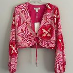 NEW NWT Caroline Constas Cropped Satin Blouse Vneck Boho Patterned Pink Size M Photo 0