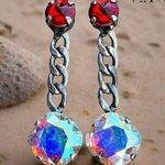 Handcrafted Earrings With Sparkly Red and AB Swarovski Crystals on a Chain Silver Photo 1