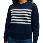 J.Crew  Women's Striped Button-Shoulder Crewneck Pullover Sz L‎ Blue Long Sleeve Photo 0