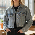 Cloud Ten Women's Size M Smiley Face Patch Cropped Denim Jean Jacket Grunge Photo 0