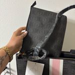 Bebe NWT  Black Tote with Pink Stripes with Matching Wristlet Pouch 16 W x 13 H Photo 5