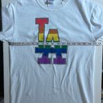 LA Dodgers unisex LGBT Pride Night all cotton short sleeve T shirt rainbow logo White Photo 5