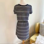 Olive & Oak  Navy Blue and Gray Striped Elastic Tie Waist Knit Dress Photo 3