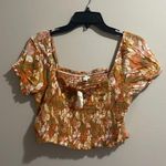 Aerie  Smocked Orange Floral Square Neck Puff Sleeve Cropped NWT Photo 0