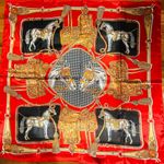 VINTAGE Equestrian RED & BLACK Horses and Tassels Print silky Scarf 35’/35’ Photo 7
