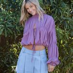 Tie Front Shirred Mock Neck Cropped Long Sleeve Top Purple Size L Photo 0