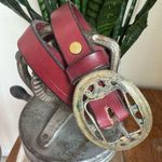 Vintage Burgundy Leather Belt with Ornate Brass Buckle – Western Style Red Photo 0