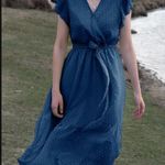 Genhoo Midi Dress M NWT Summer Wrap Neck Cap Sleeve Beach Tiered Skirt Hem Party Blue Size M Photo 1