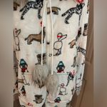 Holiday Time  dog print Christmas one piece zip up pajamas fur trim hood. Size M. Photo 1
