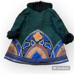 Penny Lane handpainted boho coat, mohair & leather mongolian fur shaggy collar,L Green Size L Photo 2